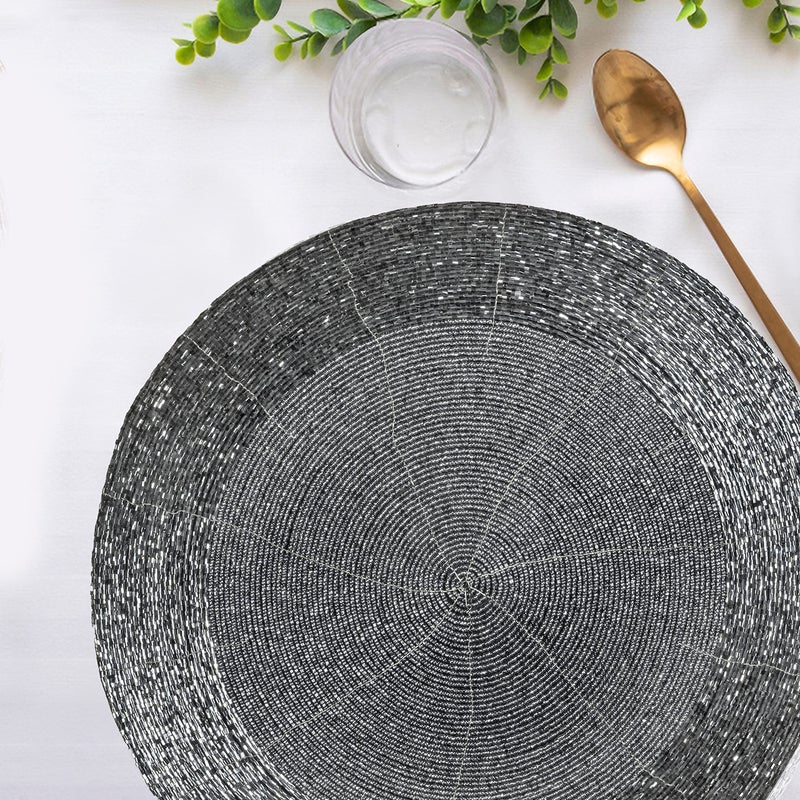 Light & Pro Lightnpro Beaded Placemats Set of 4 - Round Table Chargers - Handmade Rustic Glam Dining Table Mats - Elegant Silver Decorative Placemats for Holidays, Parties & Special Events - 13 Inch Mercury - Image 3